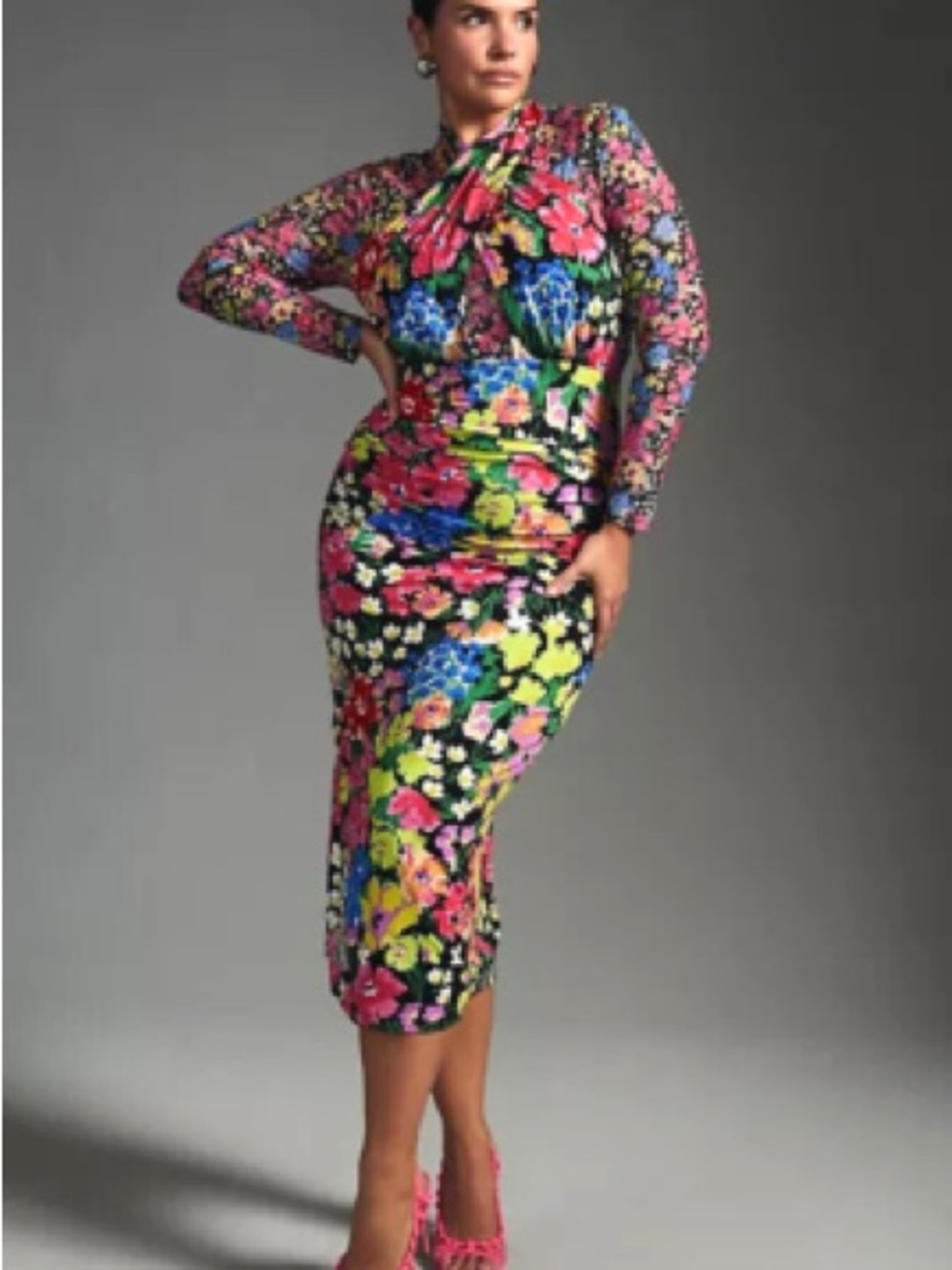 Anthropologie Vibrant Floral mesh Long Sleeve wrap neck  cocktail dress plus 2x